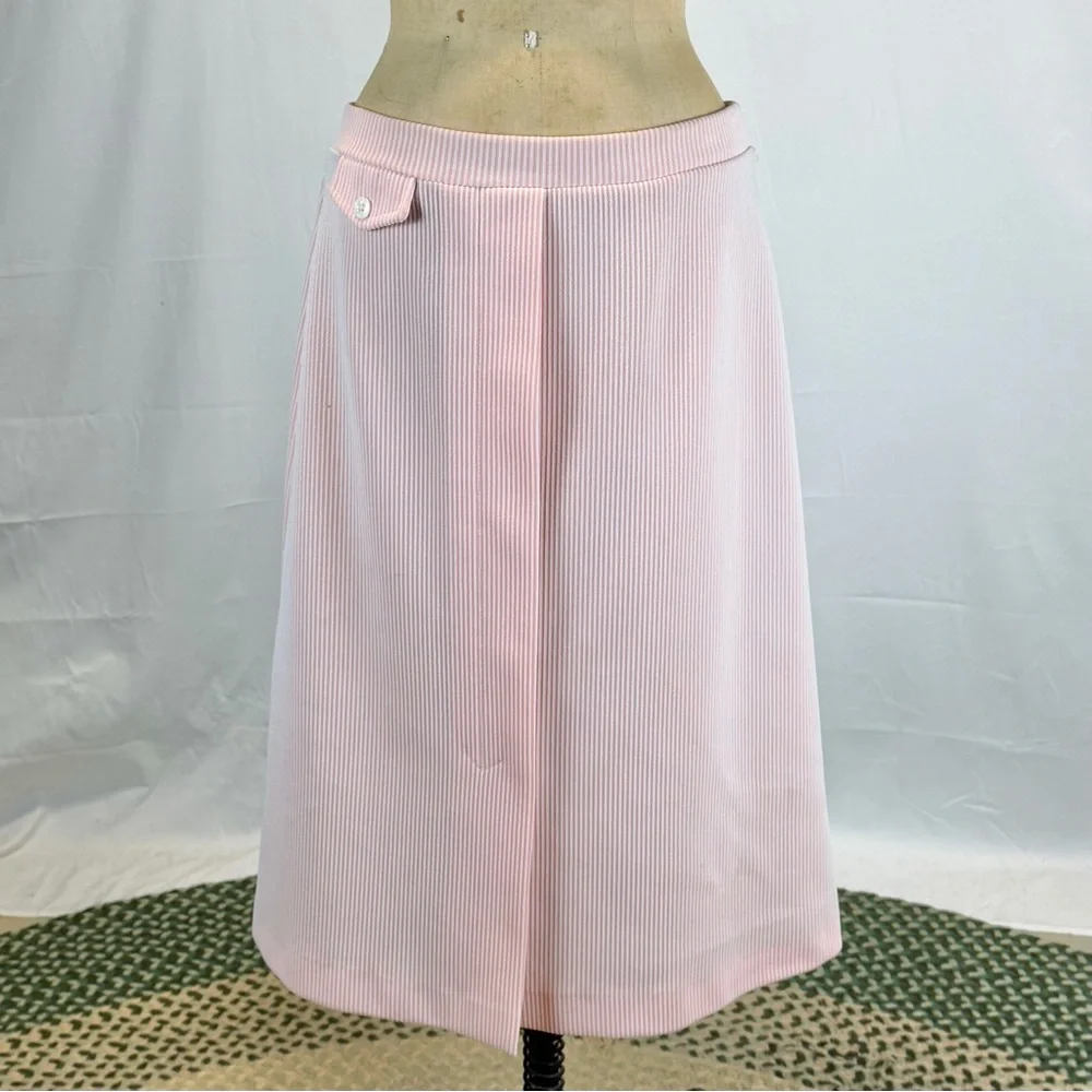 VINTAGE candy stripe pastel pink ticking midi skirt textured button pocket‎ 70s
